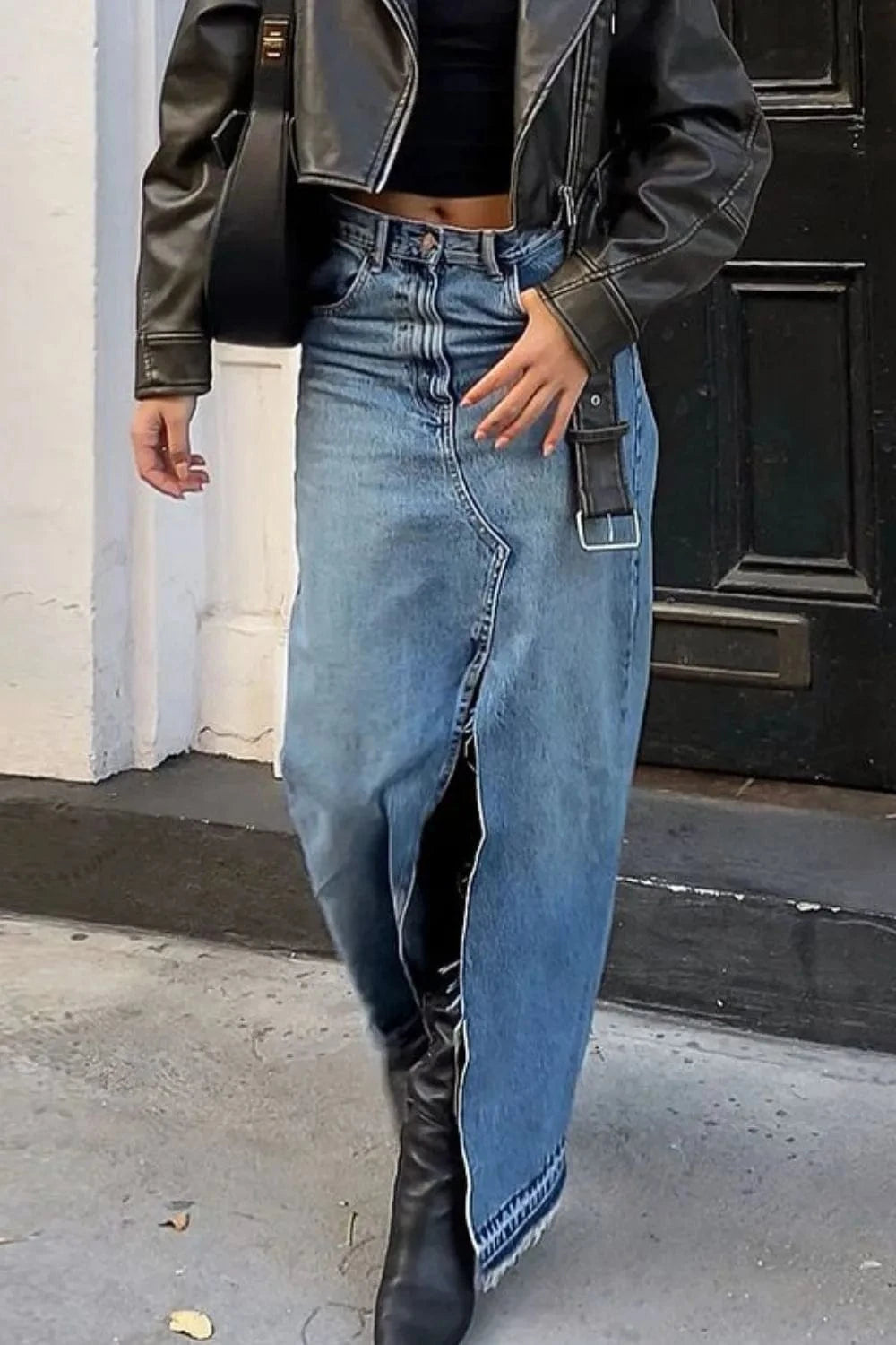 Trendsi Slit Front Raw Hem Denim Maxi Skirt