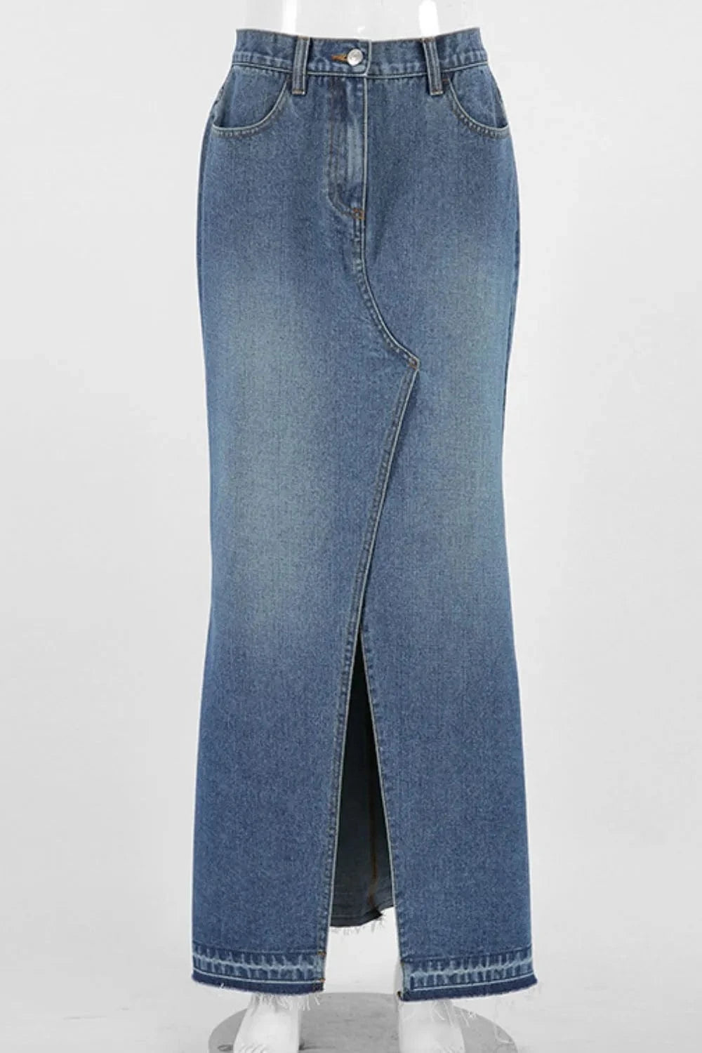 Trendsi Slit Front Raw Hem Denim Maxi Skirt