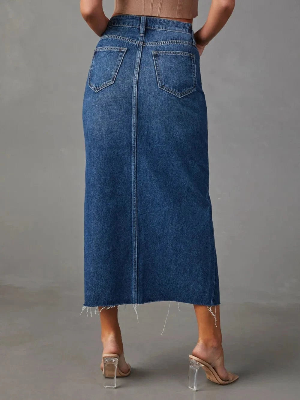 Trendsi Slit Raw Hem Midi Denim Skirt