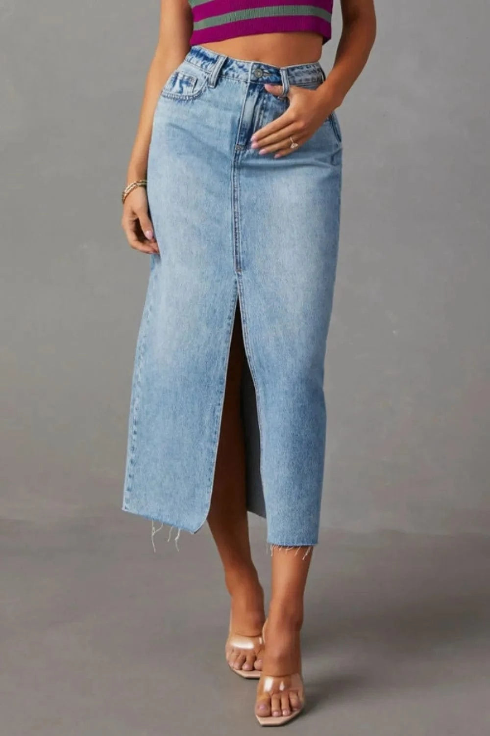 Trendsi Slit Raw Hem Midi Denim Skirt