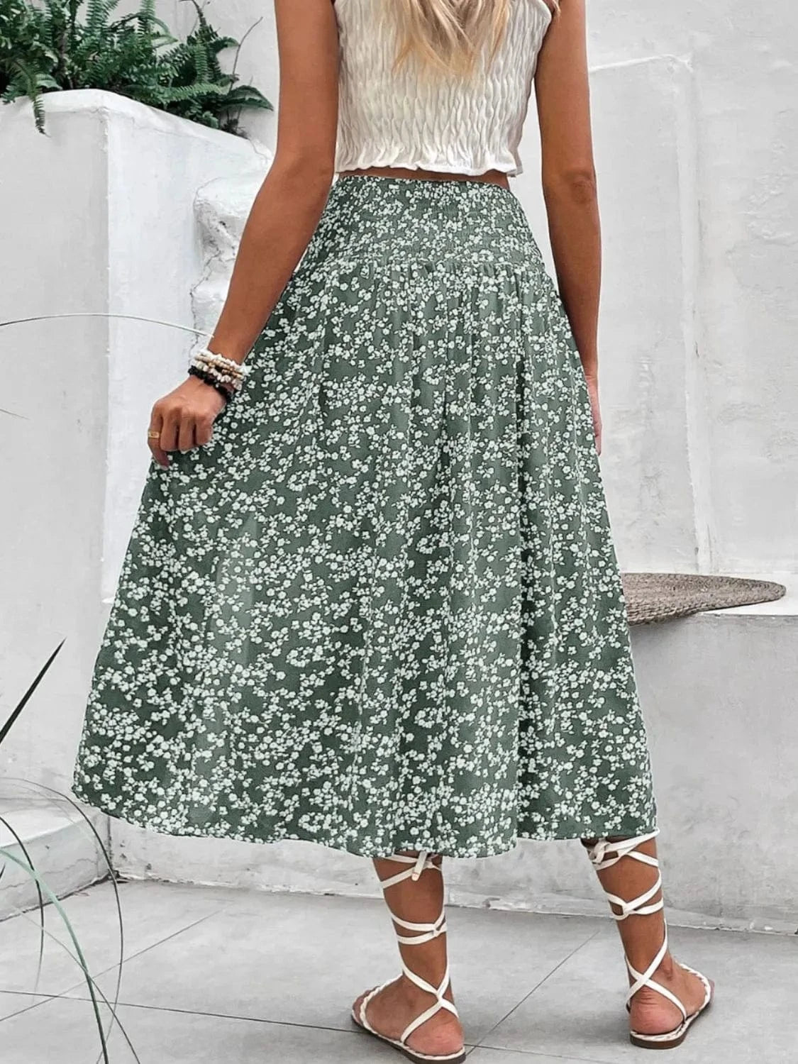 Trendsi Slit Smocked Printed Skirt