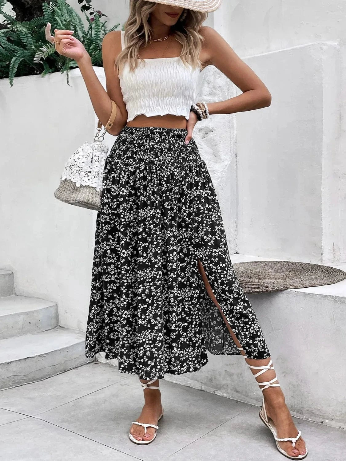Trendsi Slit Smocked Printed Skirt