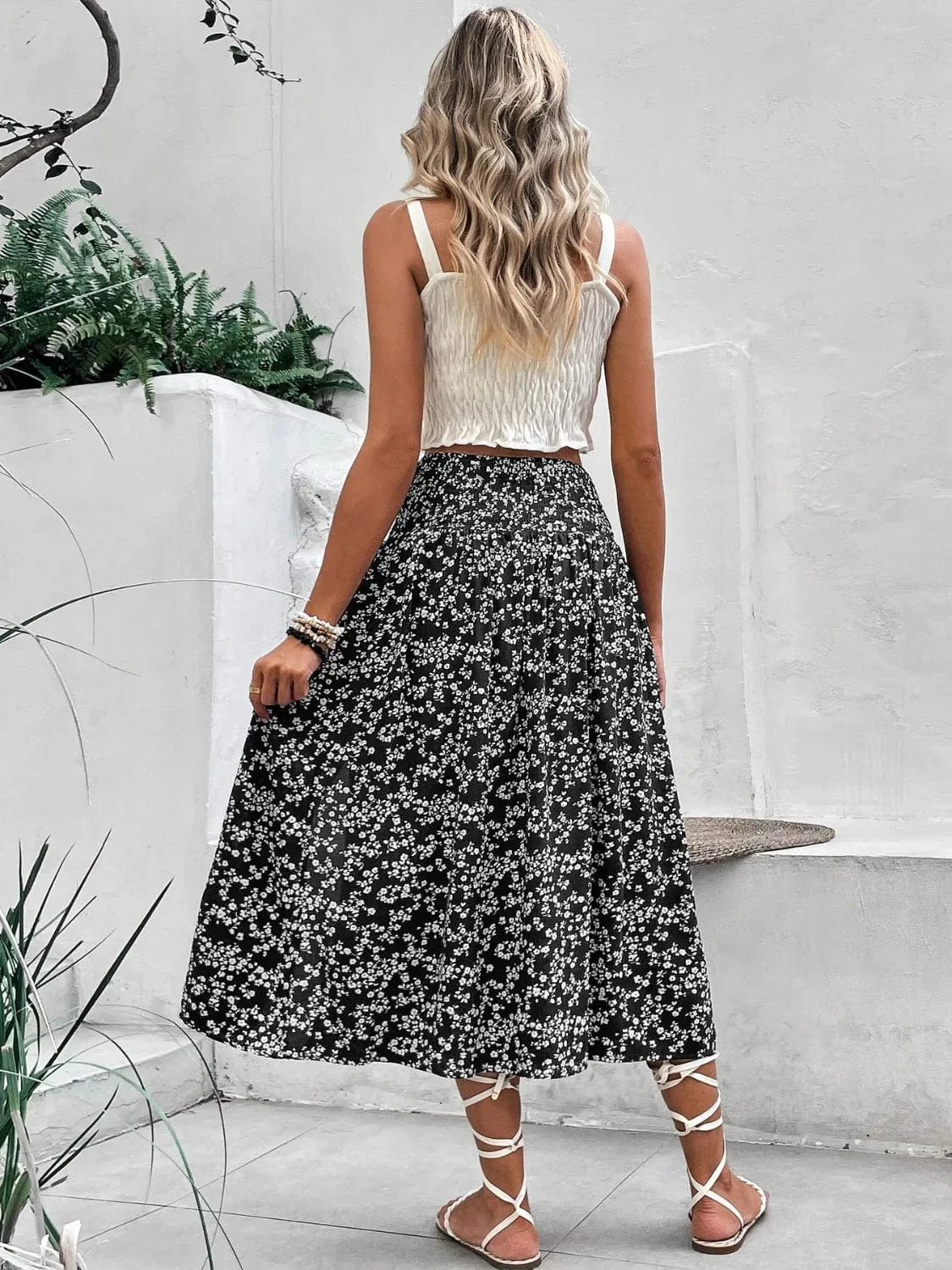 Trendsi Slit Smocked Printed Skirt
