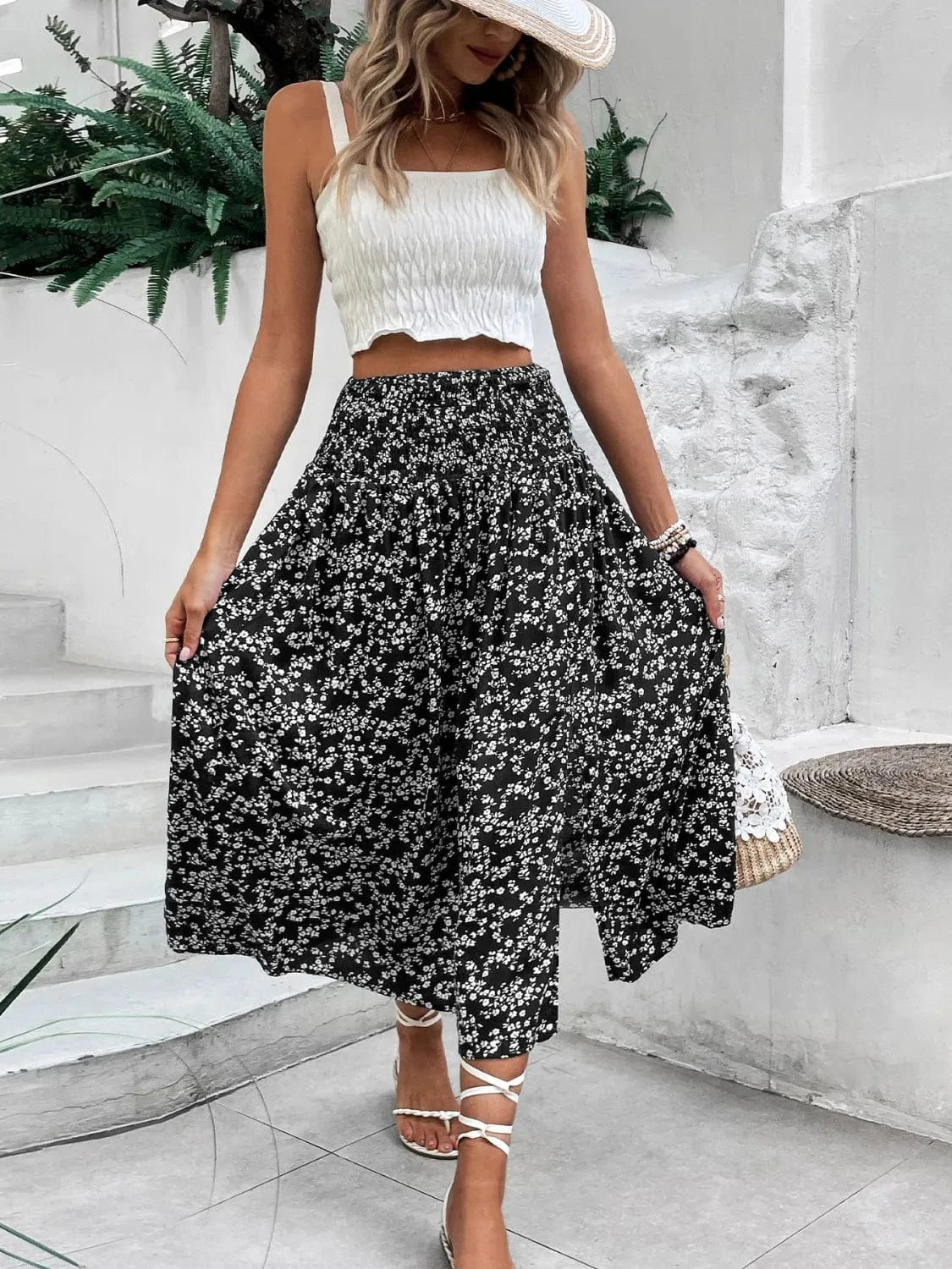 Trendsi Slit Smocked Printed Skirt