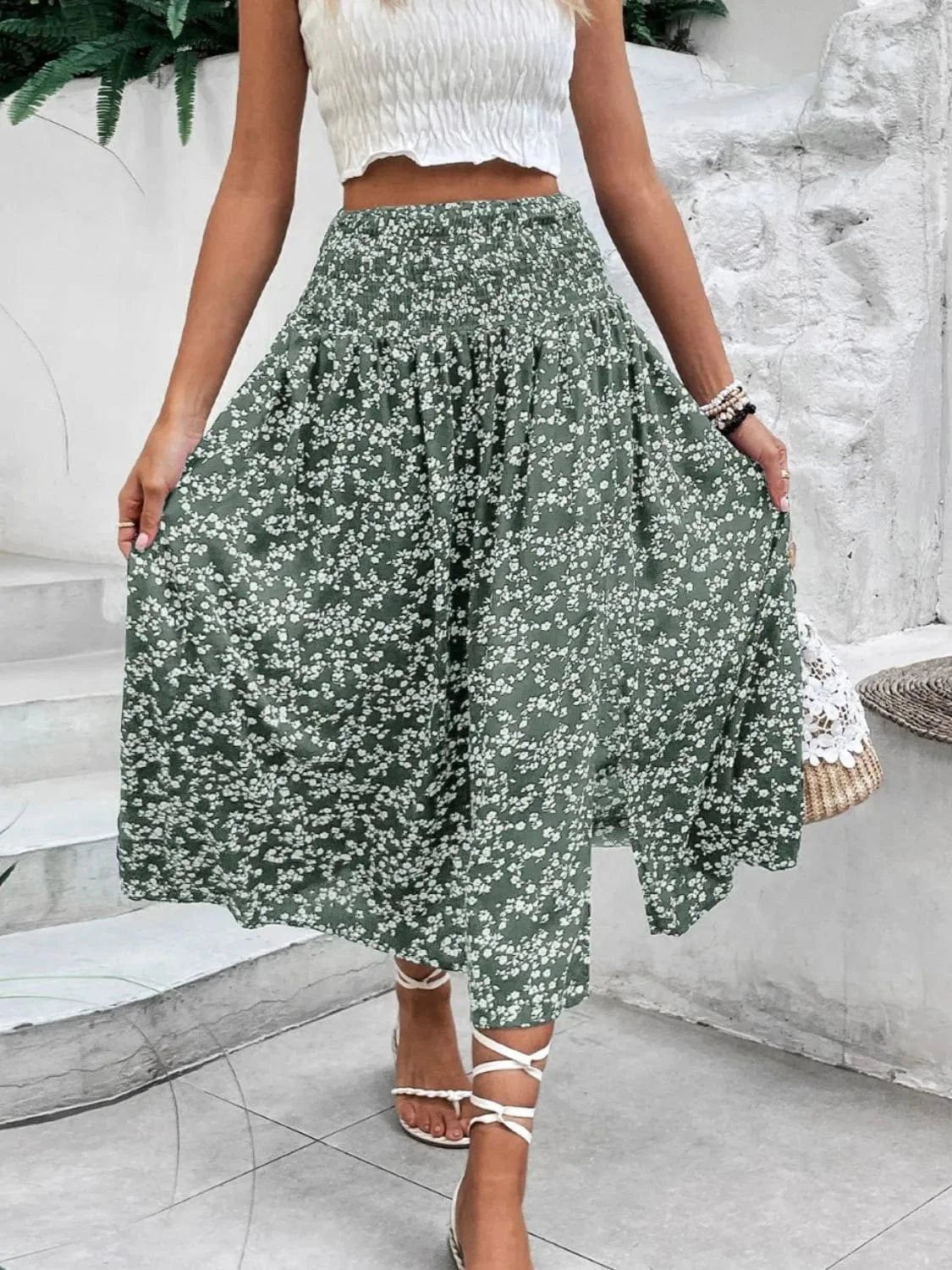Trendsi Slit Smocked Printed Skirt