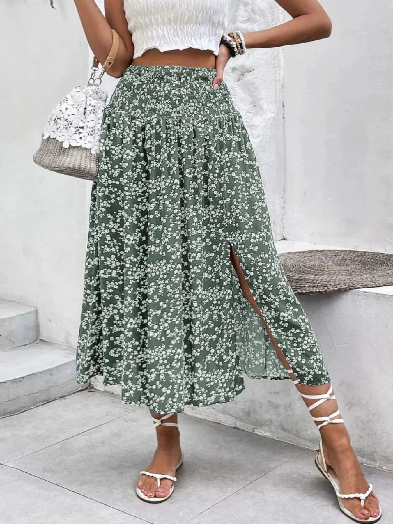 Trendsi Slit Smocked Printed Skirt