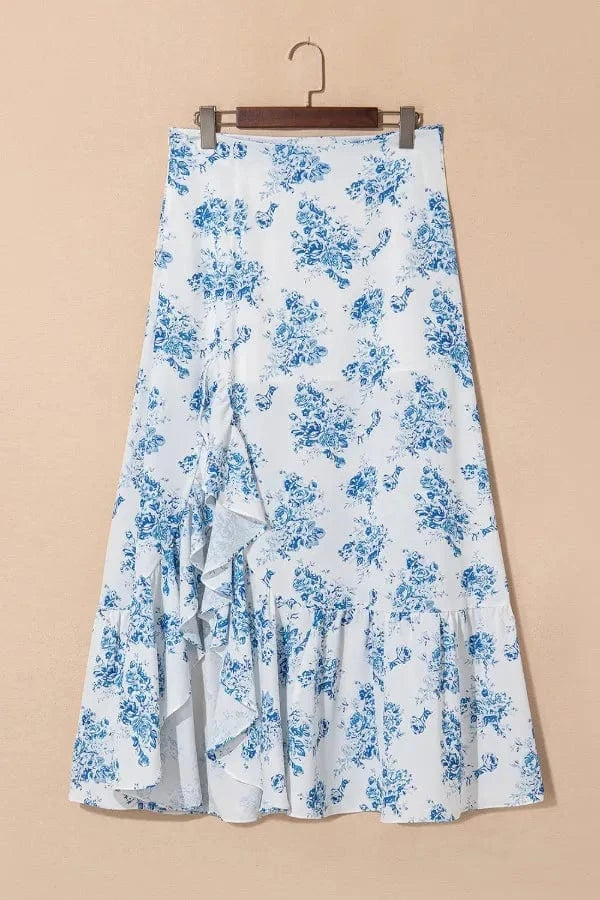 Trendsi Split Asymmetrical Ruffled Printed Skirt