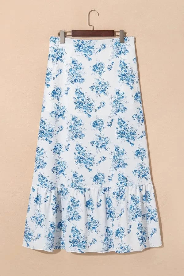 Trendsi Split Asymmetrical Ruffled Printed Skirt