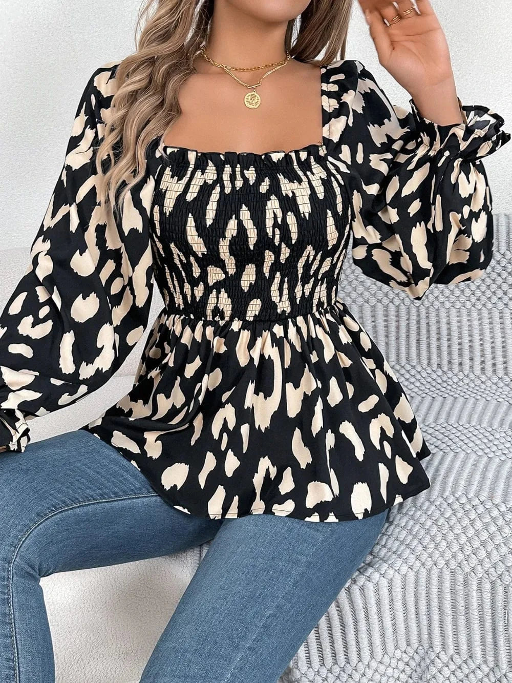 Trendsi Square Neck Flounce Sleeve Blouse