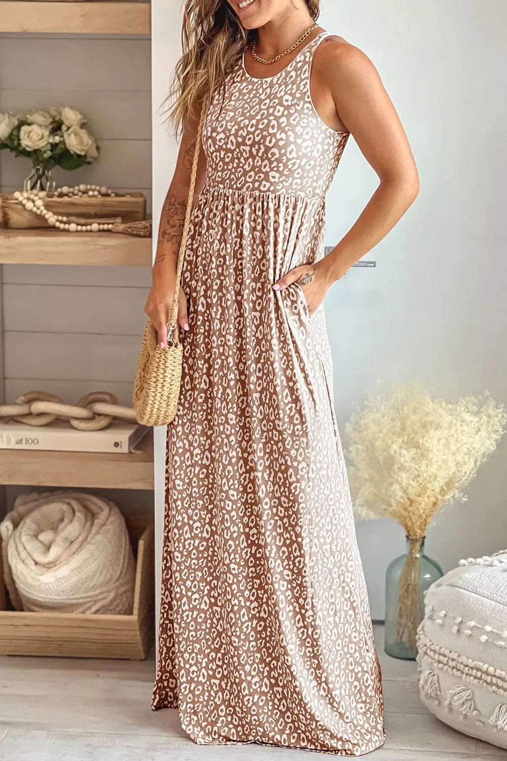 Trendsi Tan / S Leopard Round Neck Sleeveless Maxi Dress