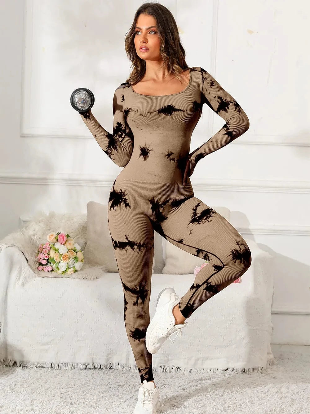 Trendsi Taupe / S Scoop Neck Long Sleeve Active Jumpsuit