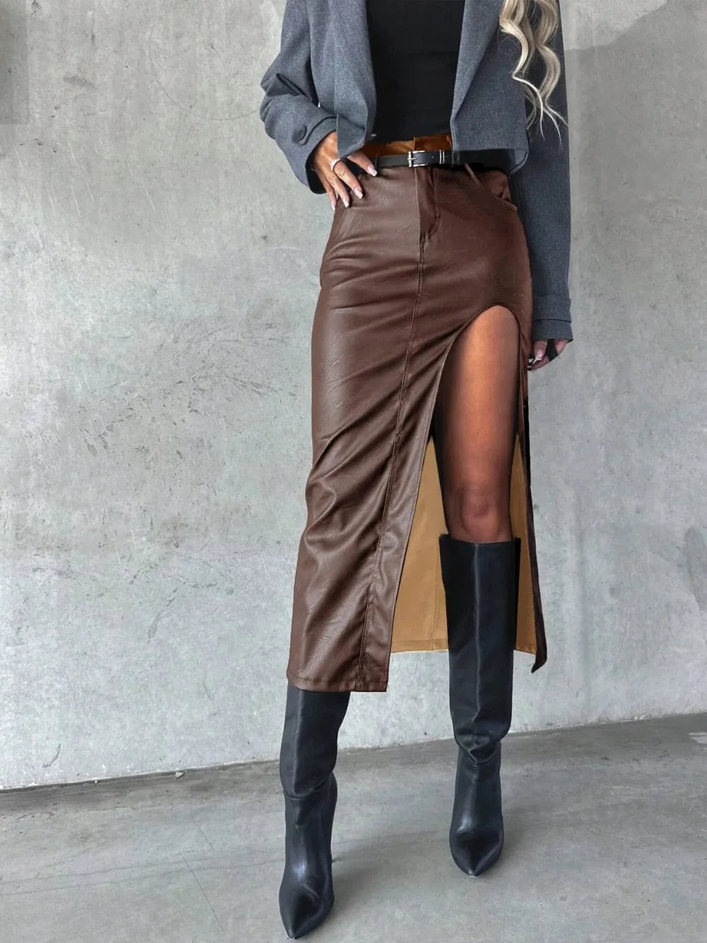 Trendsi Taupe / S Slit Midi Skirt with Pockets