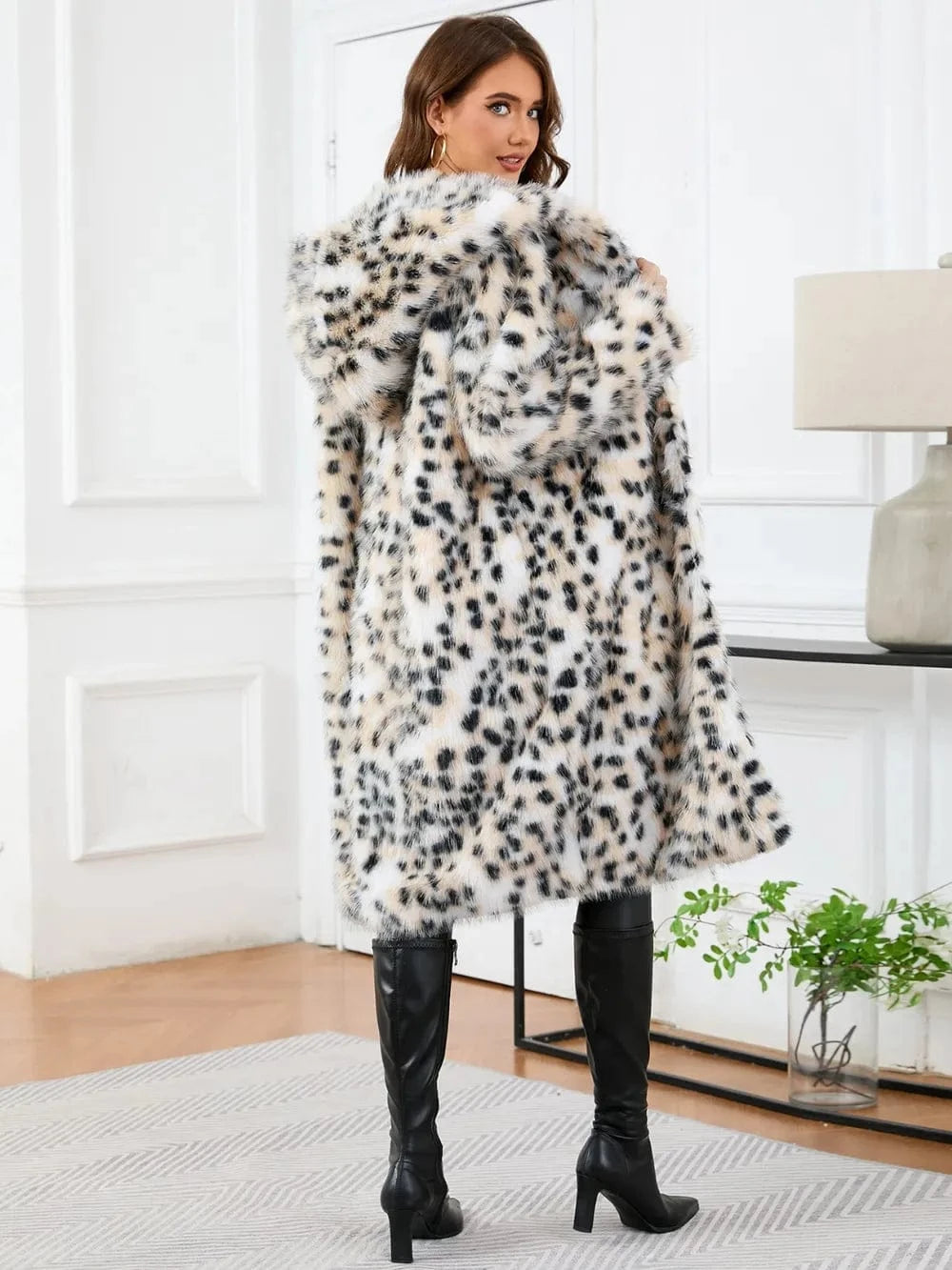 Trendsi Thermal Leopard Faux Fur Hooded Outerwear
