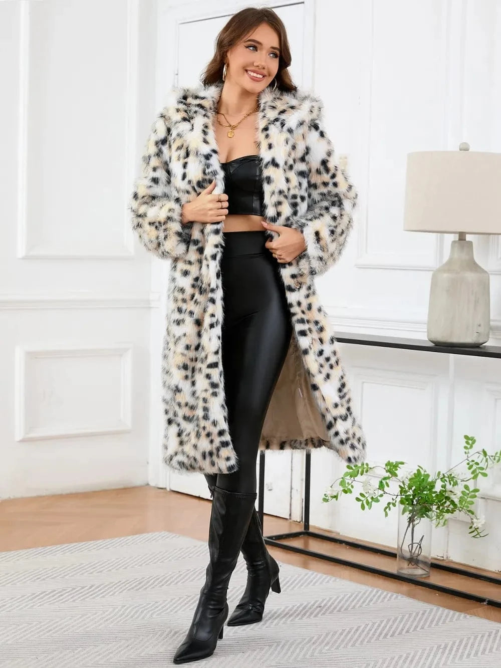 Trendsi Thermal Leopard Faux Fur Hooded Outerwear