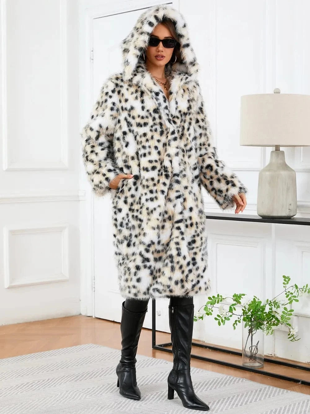 Trendsi Thermal Leopard Faux Fur Hooded Outerwear