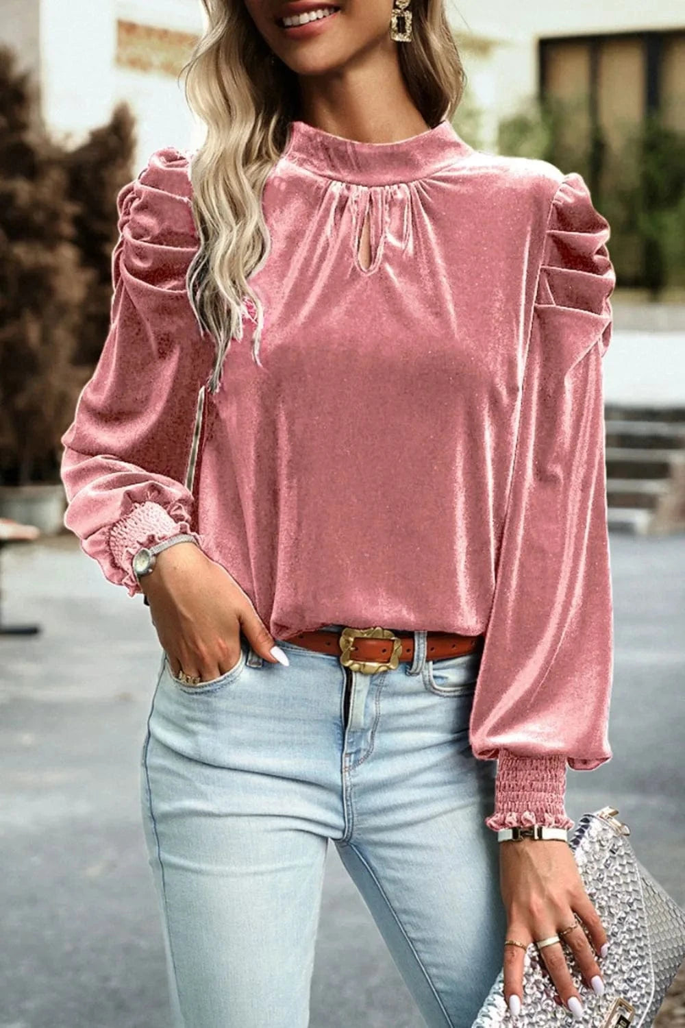 Trendsi Tie Up Mock Neck Velvet Fabric Long Sleeve Blouse