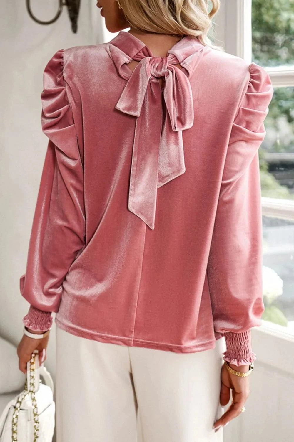 Trendsi Tie Up Mock Neck Velvet Fabric Long Sleeve Blouse
