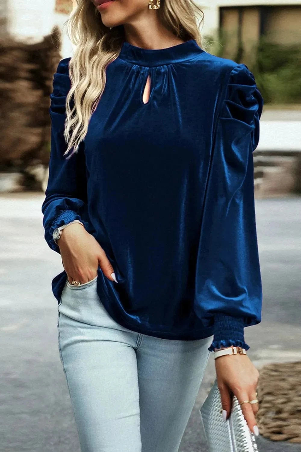 Trendsi Tie Up Mock Neck Velvet Fabric Long Sleeve Blouse