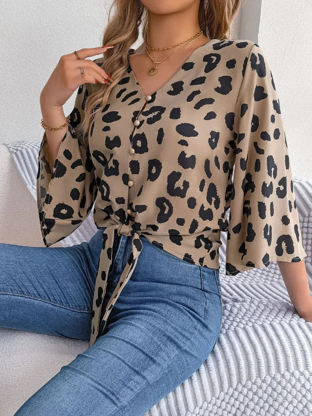 Trendsi Tied Button Up Leopard V-Neck Blouse