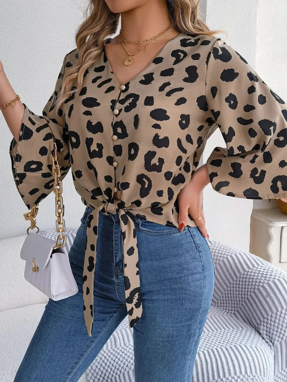 Trendsi Tied Button Up Leopard V-Neck Blouse