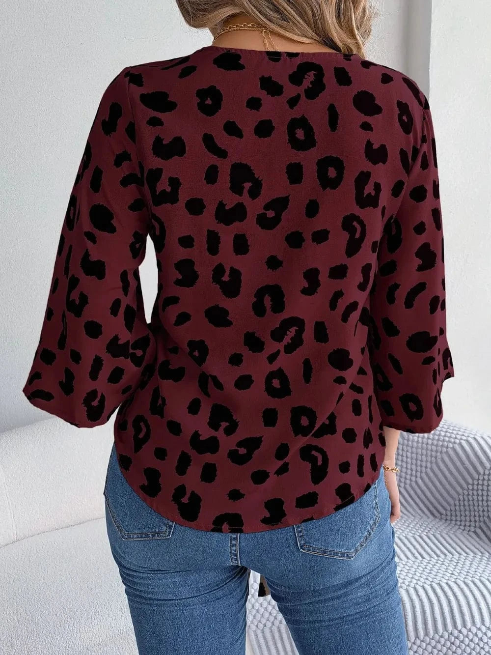 Trendsi Tied Button Up Leopard V-Neck Blouse