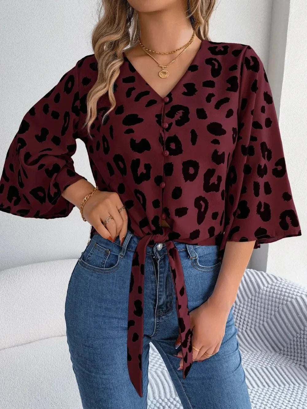 Trendsi Tied Button Up Leopard V-Neck Blouse