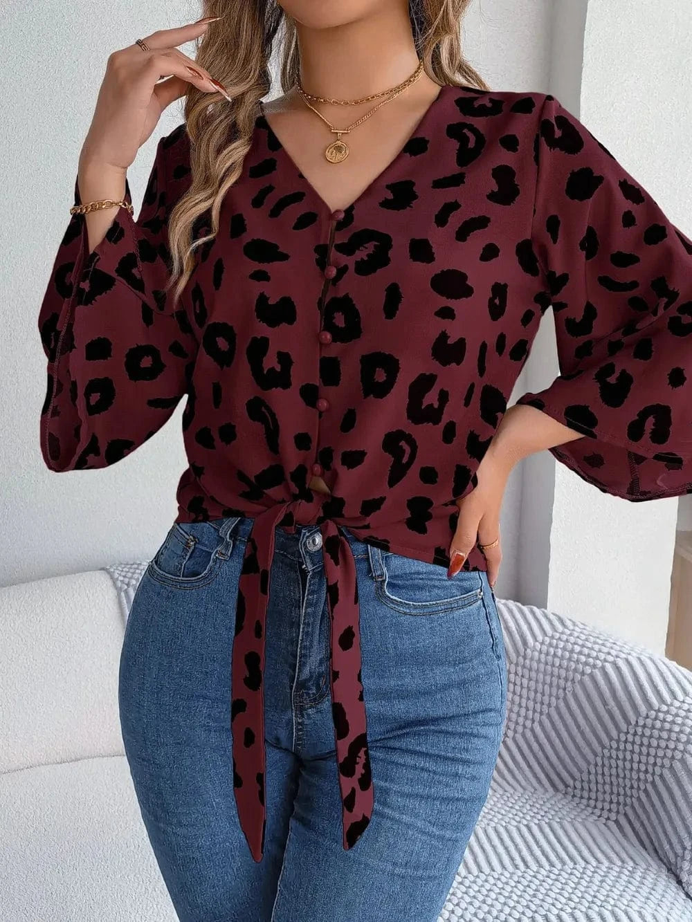 Trendsi Tied Button Up Leopard V-Neck Blouse