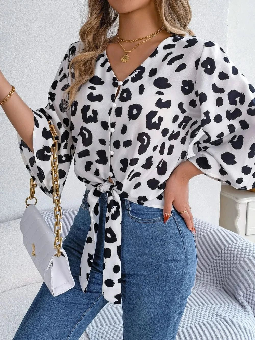 Trendsi Tied Button Up Leopard V-Neck Blouse