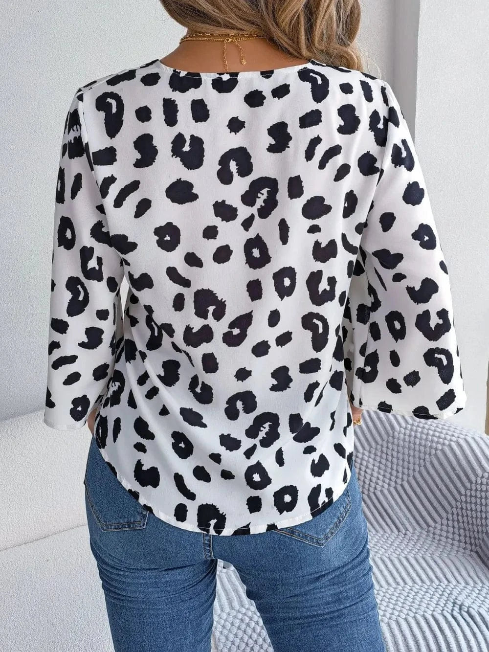 Trendsi Tied Button Up Leopard V-Neck Blouse