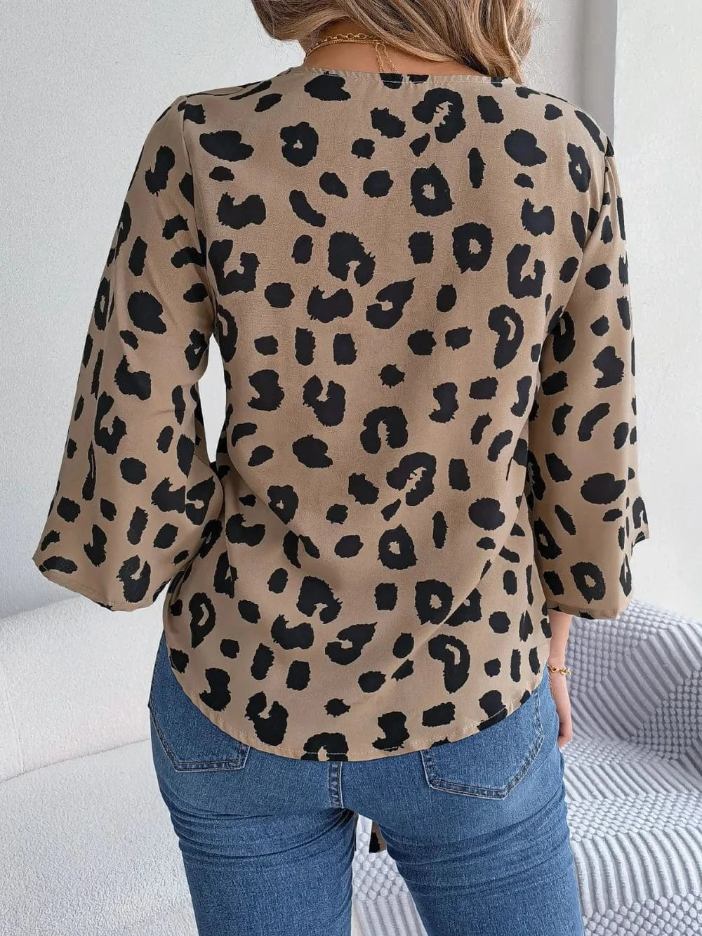 Trendsi Tied Button Up Leopard V-Neck Blouse