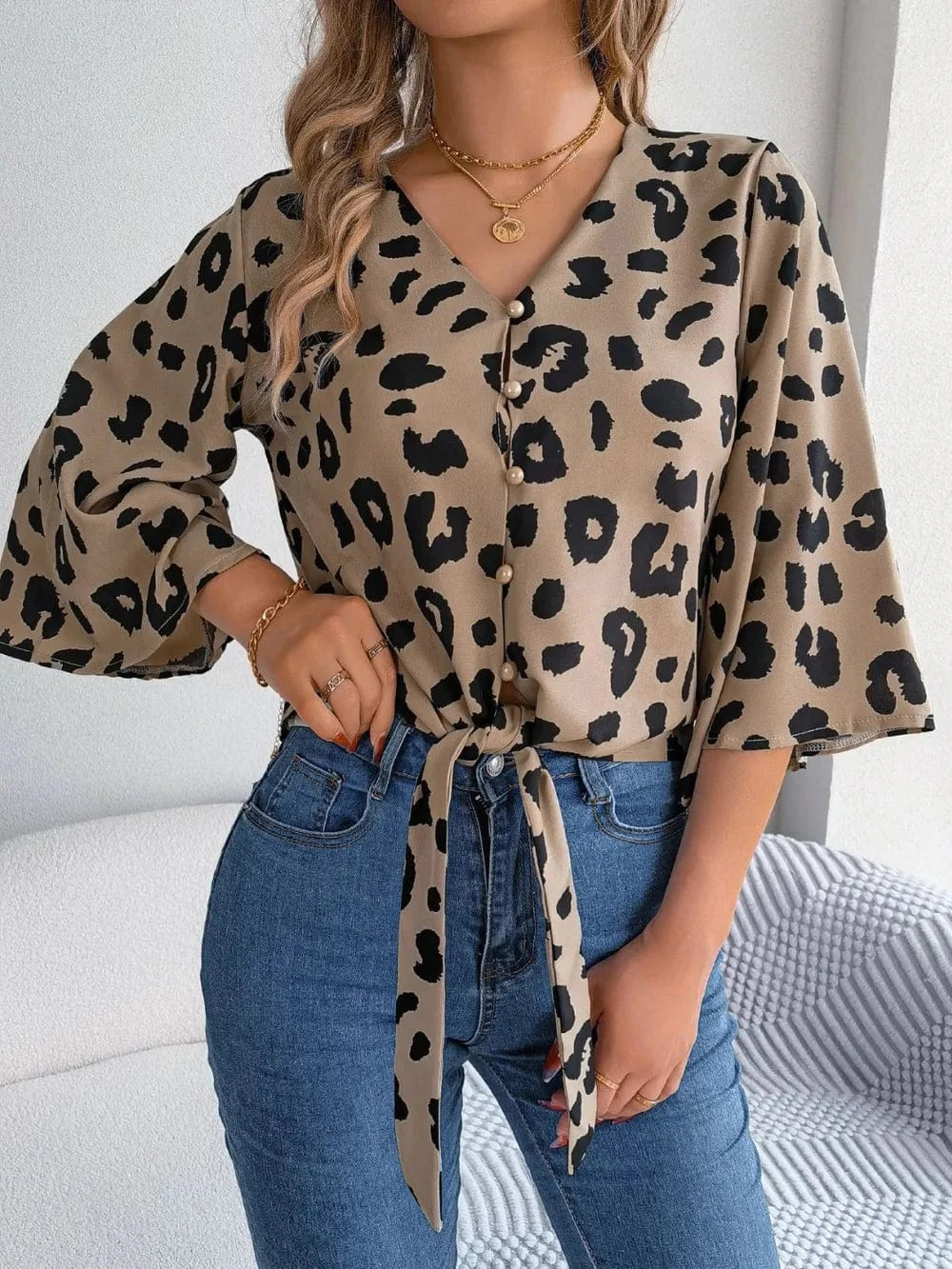 Trendsi Tied Button Up Leopard V-Neck Blouse