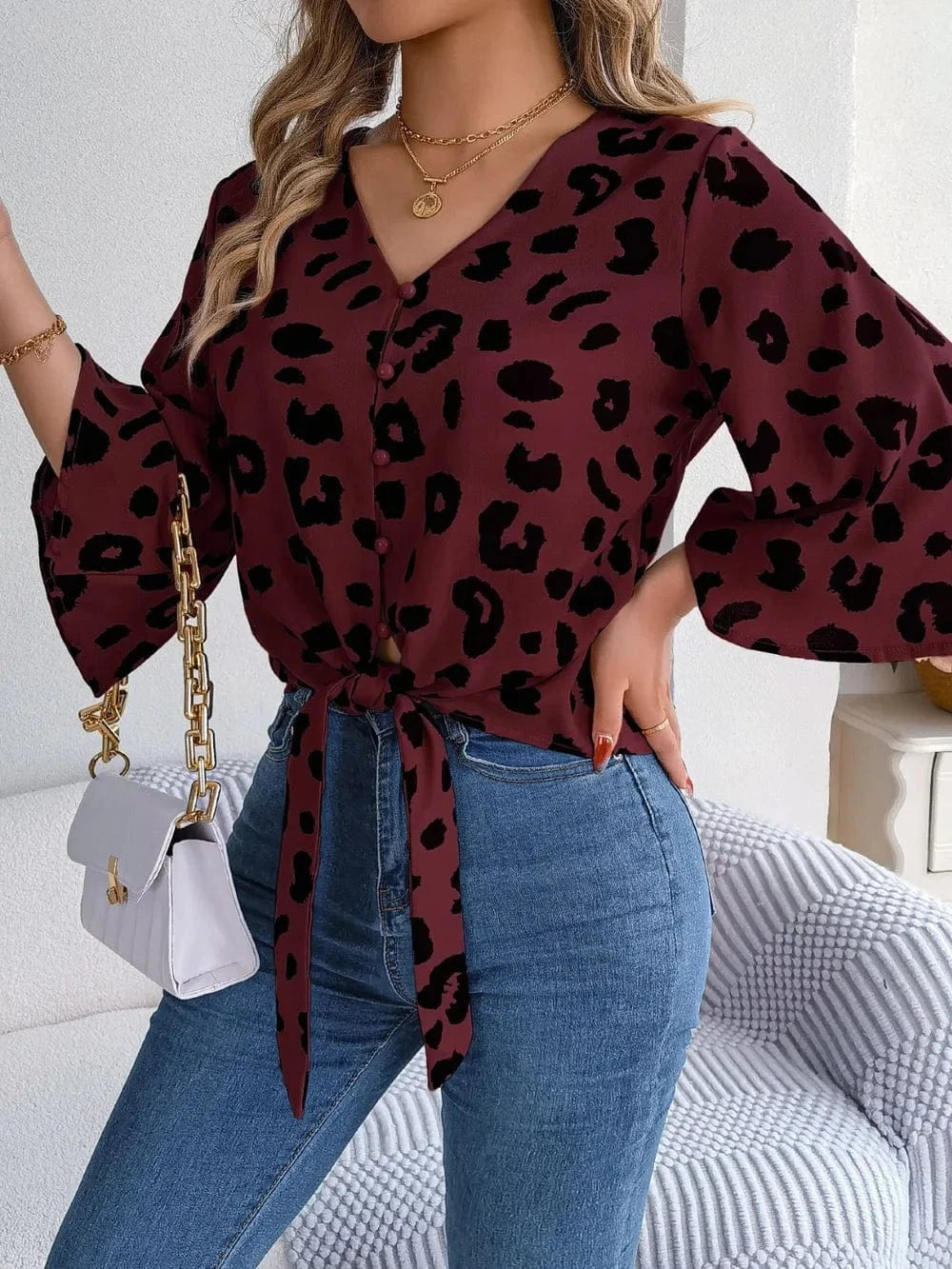 Trendsi Tied Button Up Leopard V-Neck Blouse