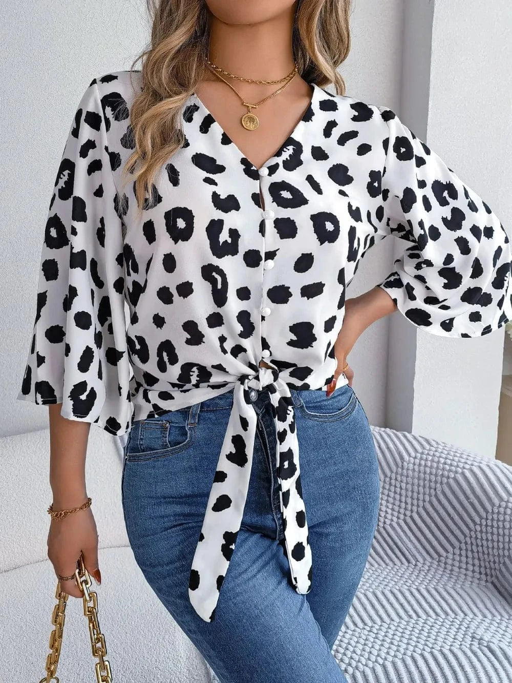 Trendsi Tied Button Up Leopard V-Neck Blouse