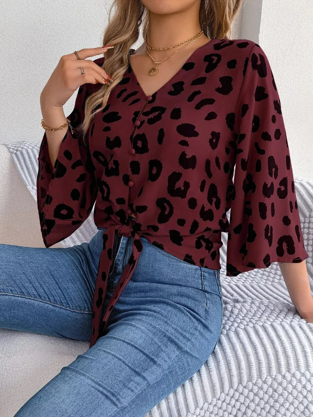 Trendsi Tied Button Up Leopard V-Neck Blouse