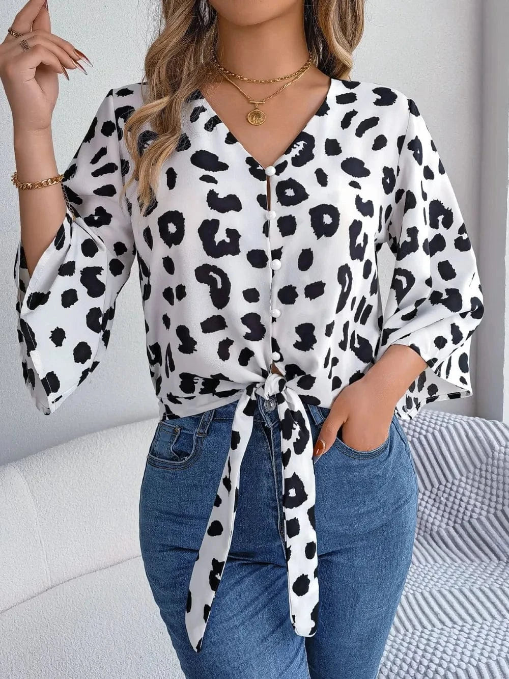 Trendsi Tied Button Up Leopard V-Neck Blouse