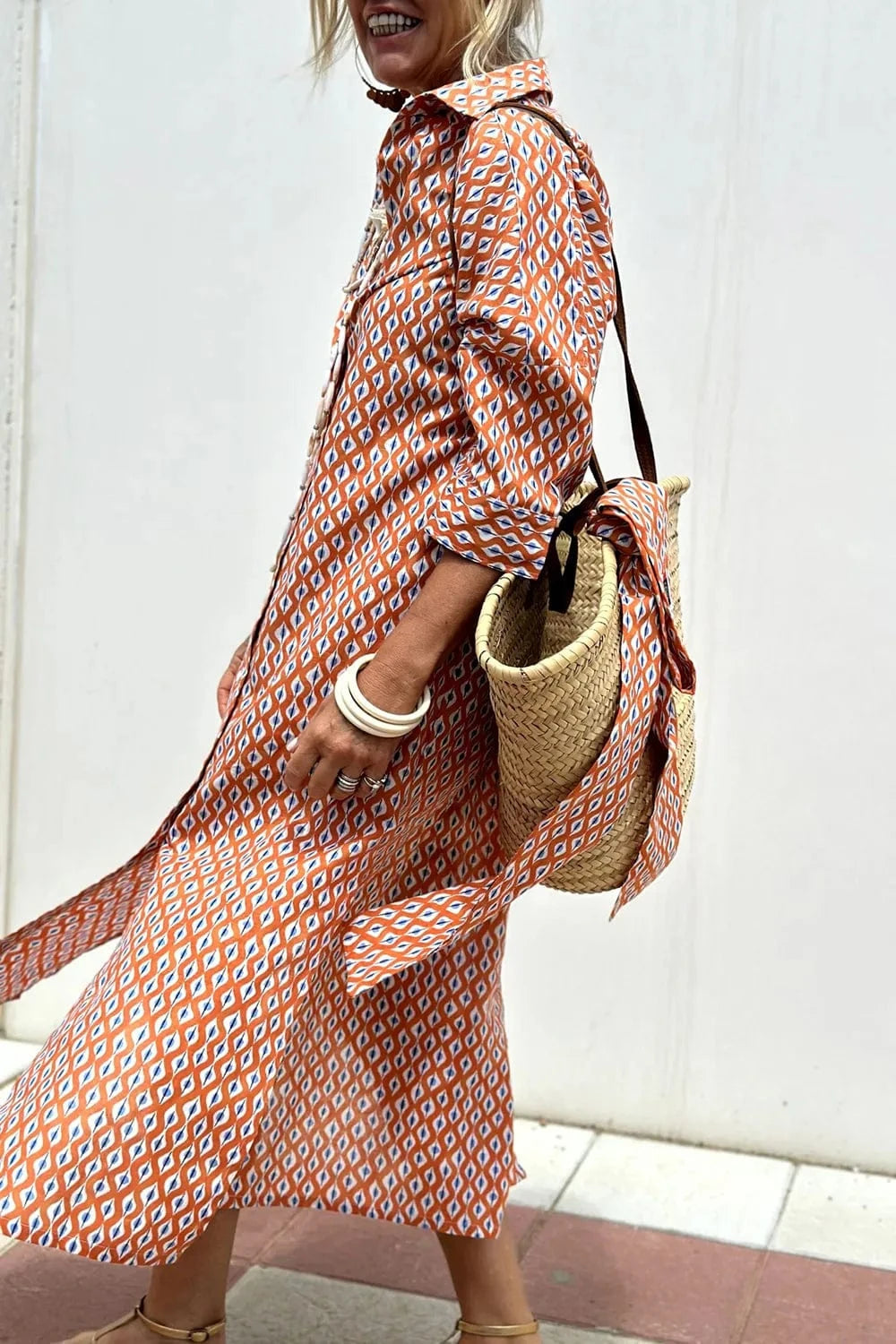 Trendsi Tied Button Up Three-Quarter Sleeve Dress