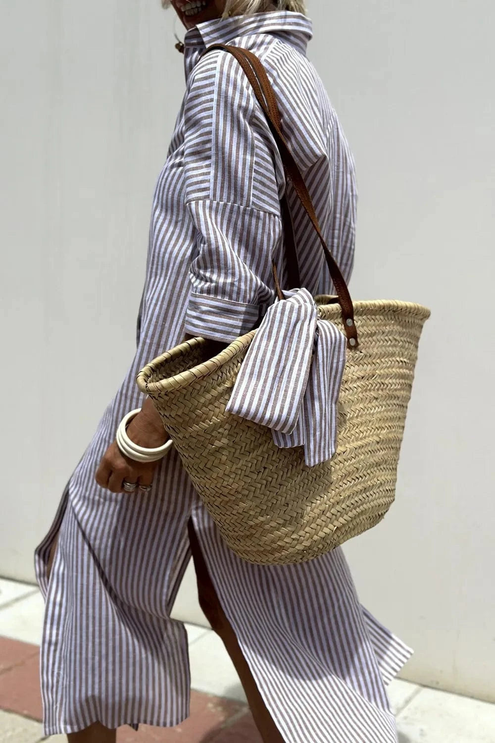 Trendsi Tied Button Up Three-Quarter Sleeve Dress