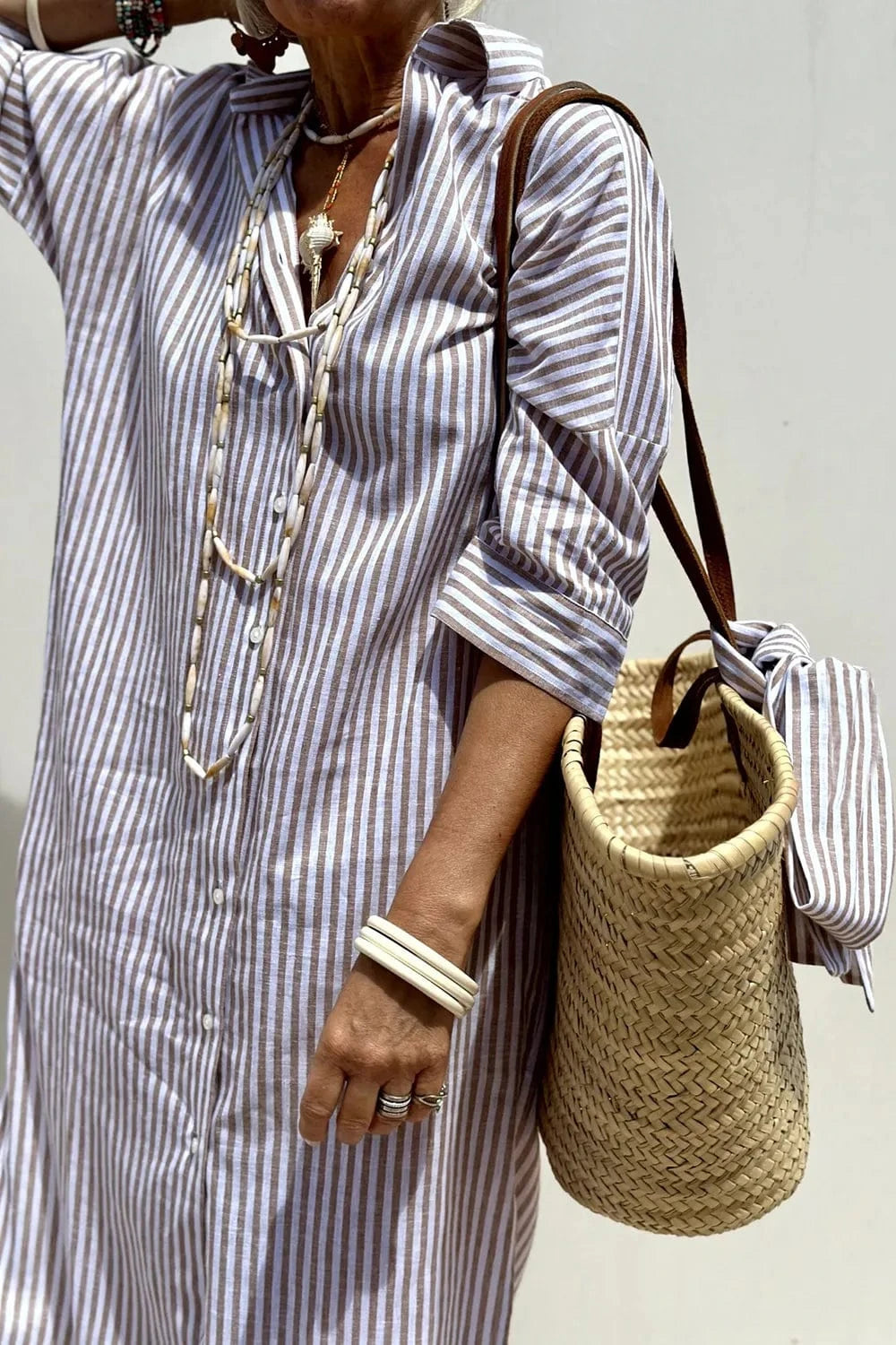 Trendsi Tied Button Up Three-Quarter Sleeve Dress