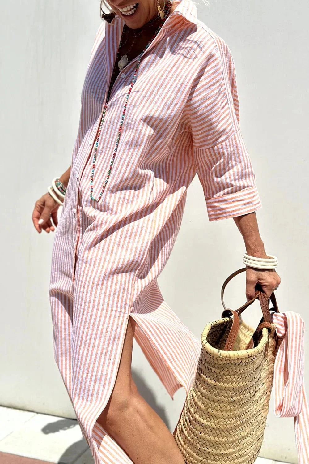 Trendsi Tied Button Up Three-Quarter Sleeve Dress