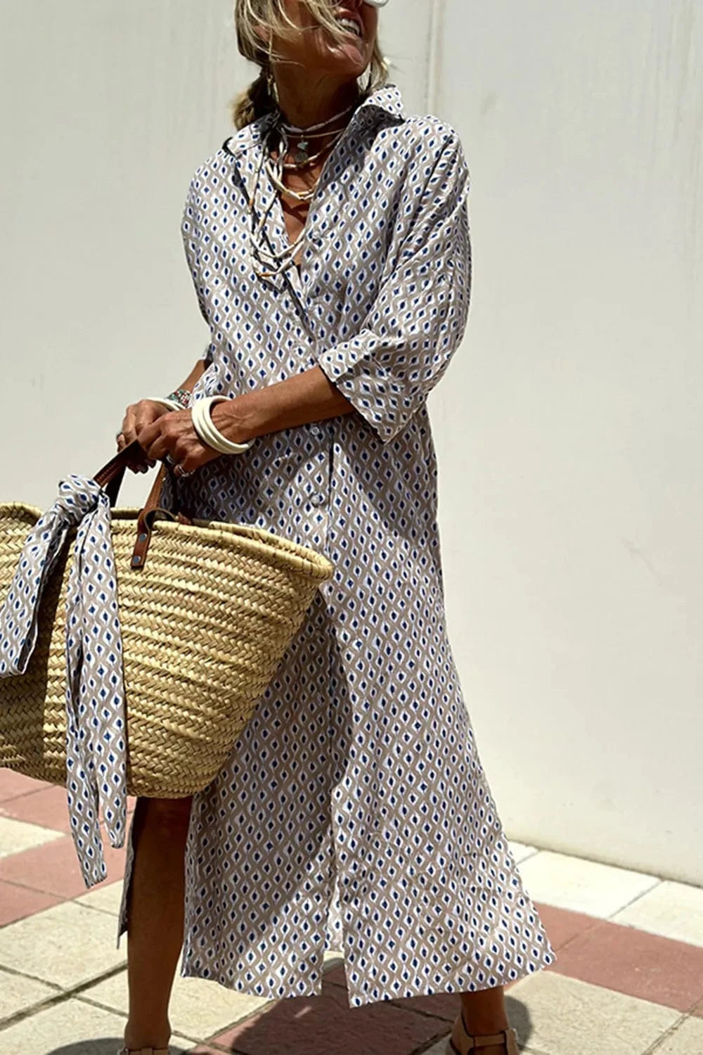 Trendsi Tied Button Up Three-Quarter Sleeve Dress