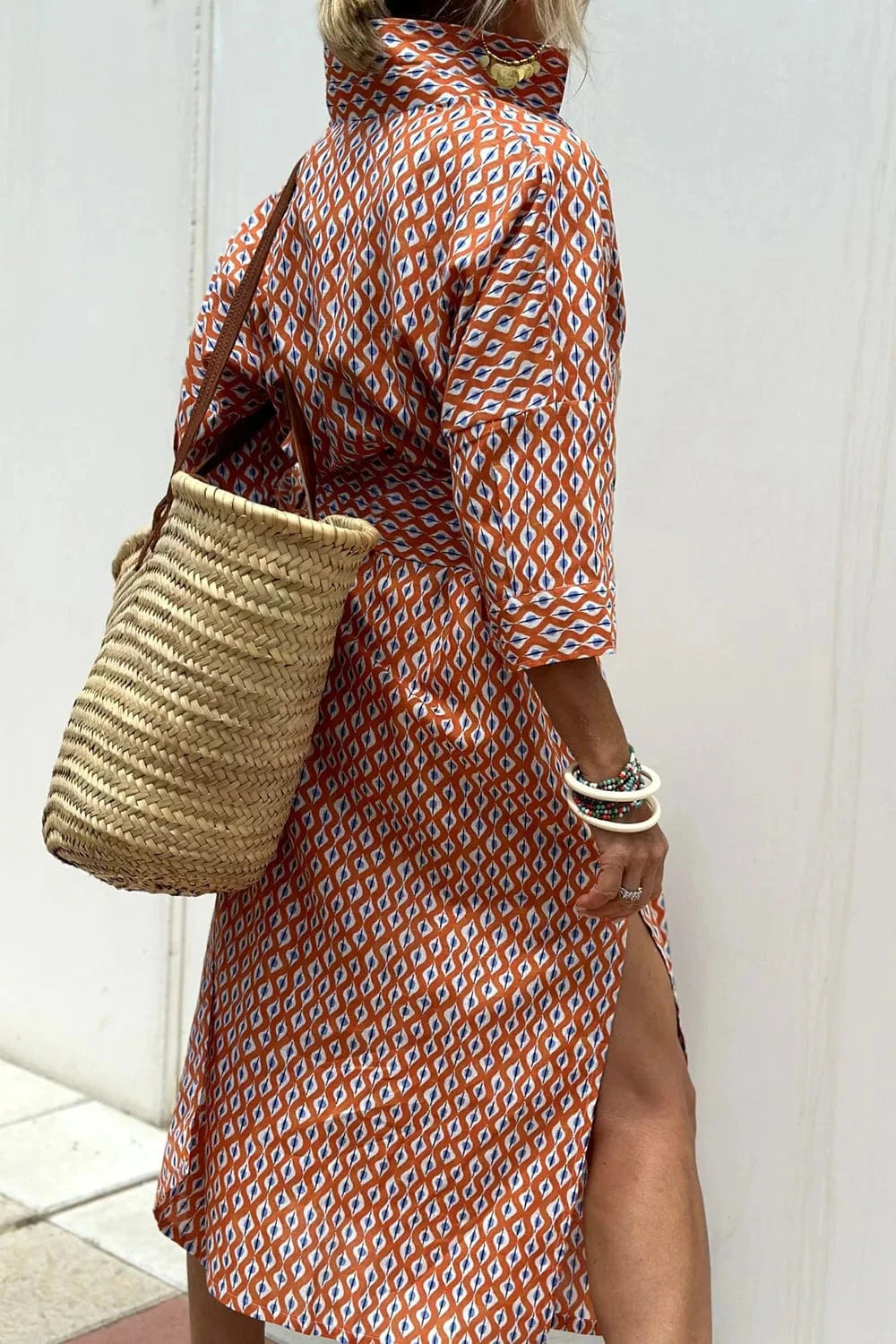 Trendsi Tied Button Up Three-Quarter Sleeve Dress