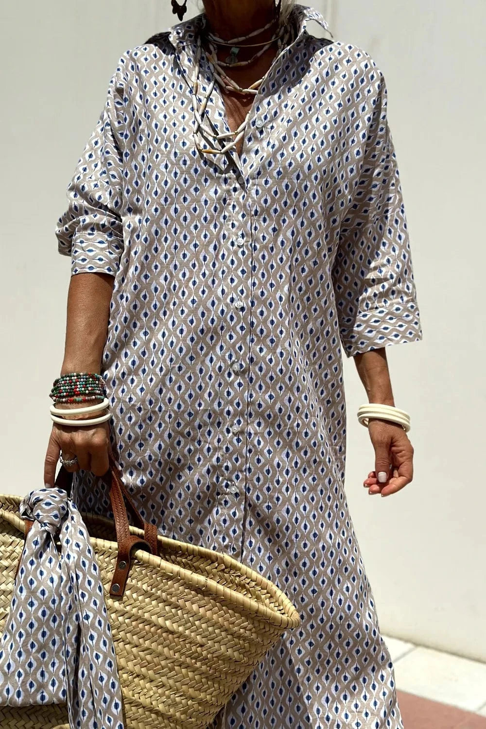 Trendsi Tied Button Up Three-Quarter Sleeve Dress