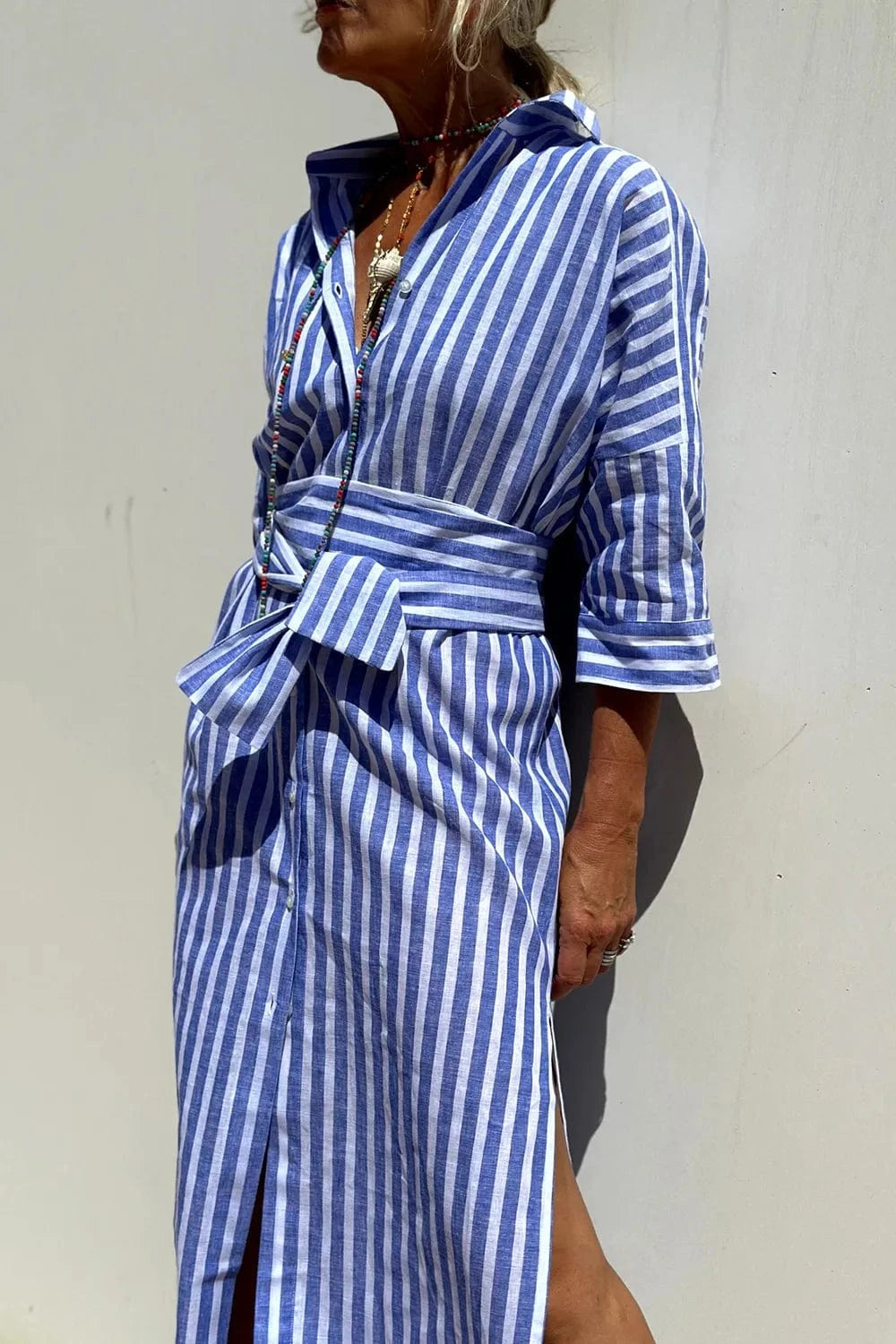 Trendsi Tied Button Up Three-Quarter Sleeve Dress