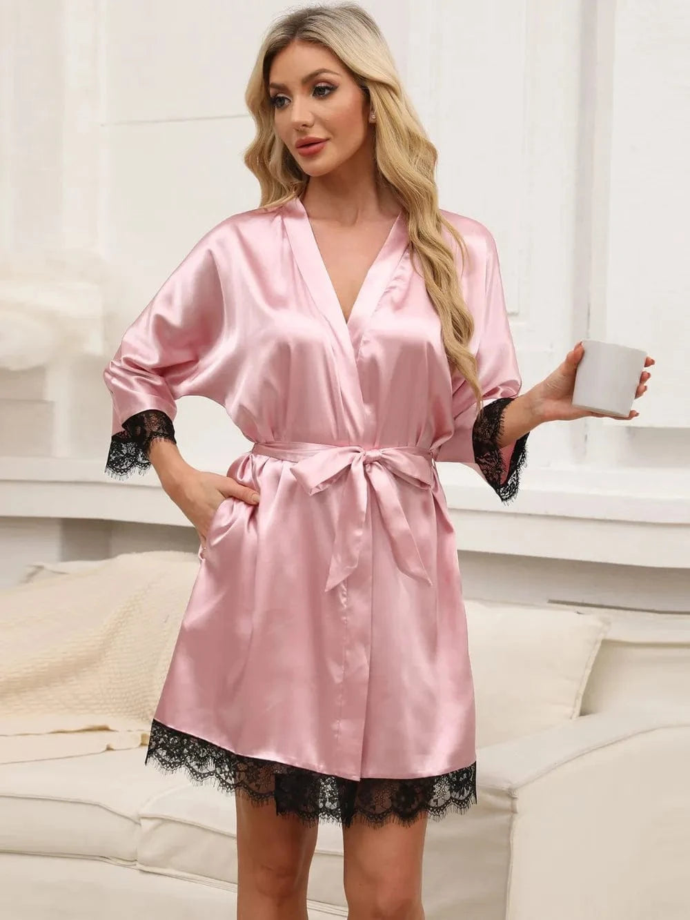 Trendsi Tied Lace Detail Three-Quarter Sleeve Lounge Nightgown