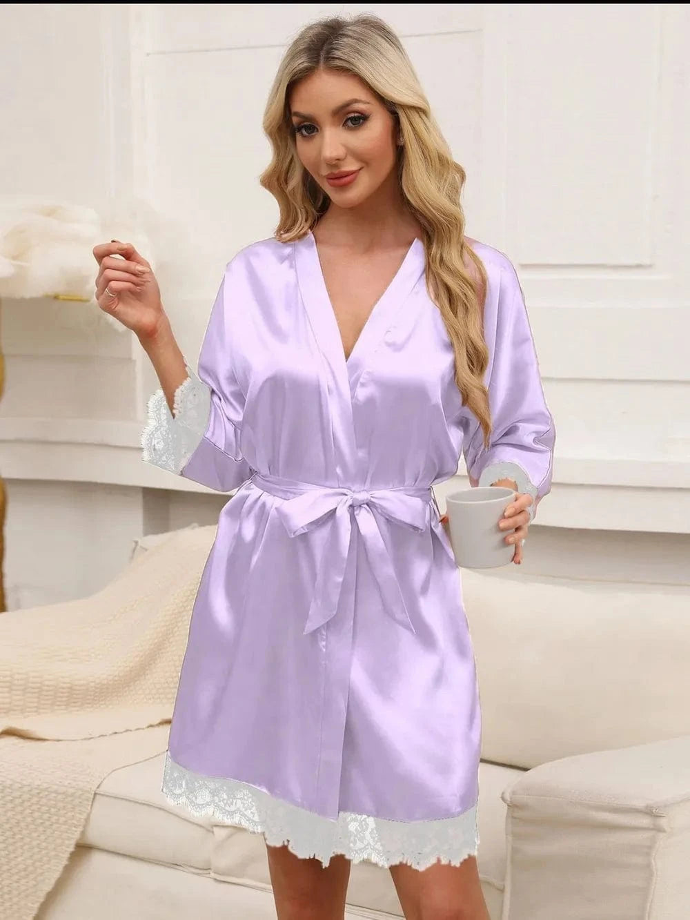 Trendsi Tied Lace Detail Three-Quarter Sleeve Lounge Nightgown