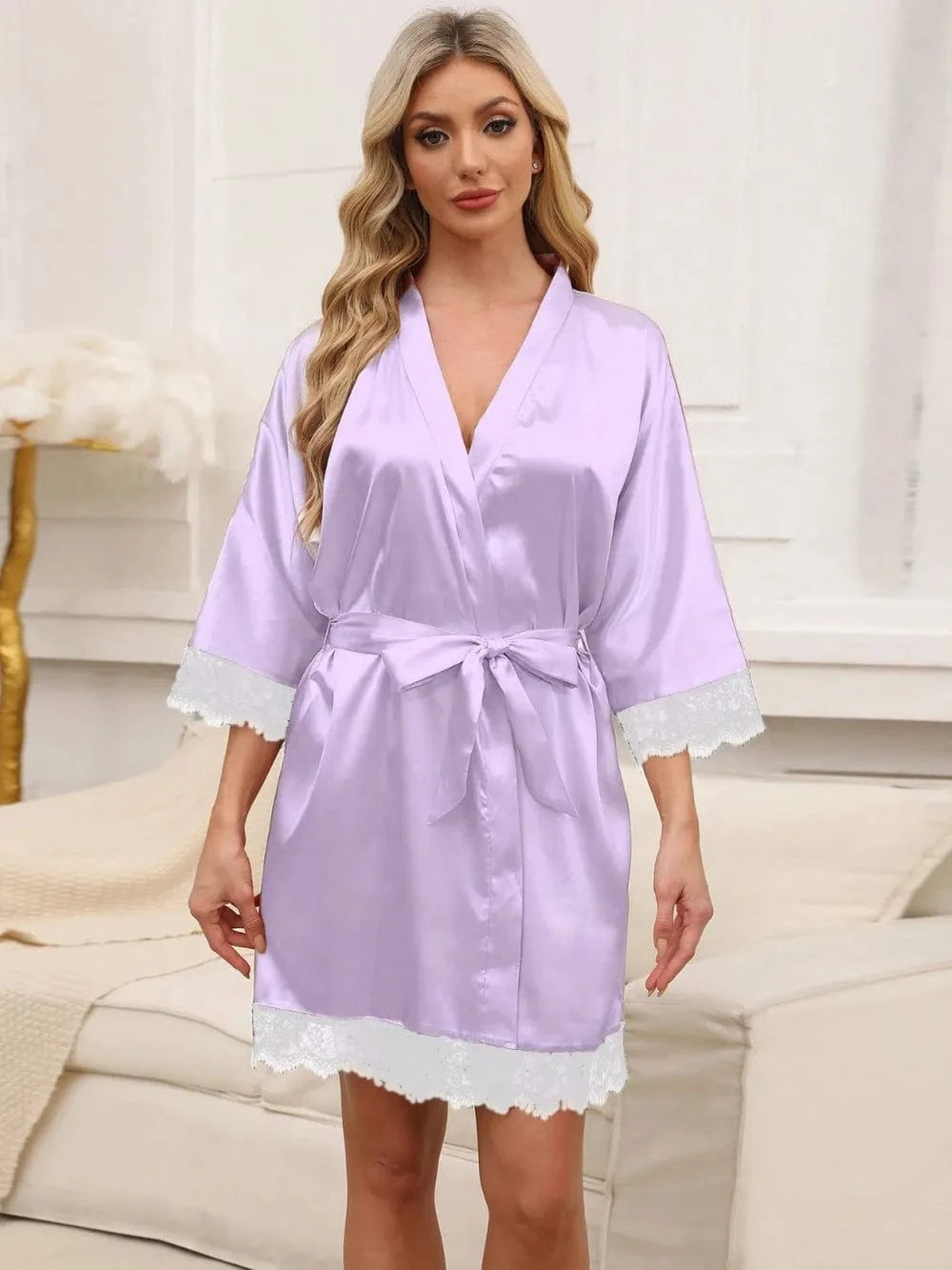 Trendsi Tied Lace Detail Three-Quarter Sleeve Lounge Nightgown