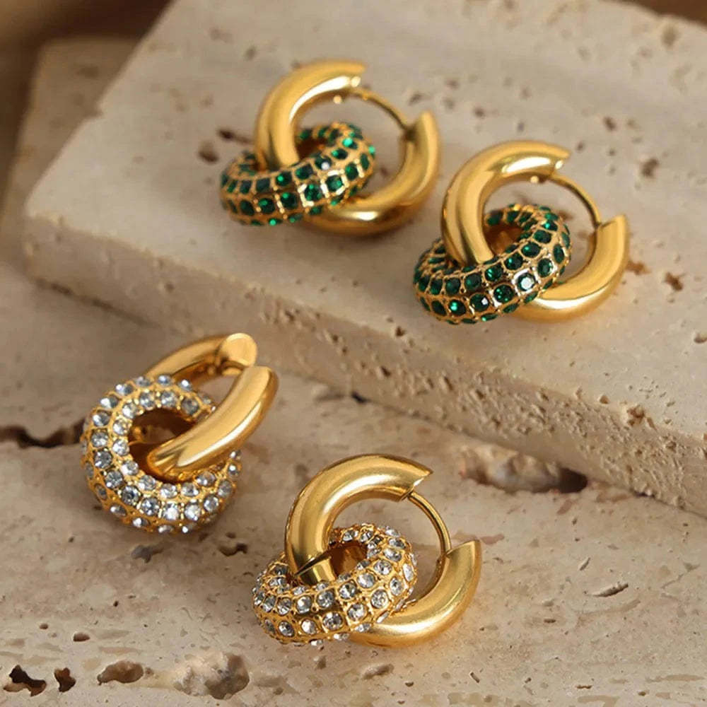 Trendsi Titanium Steel Inlaid Zircon Double-Hoop Earrings