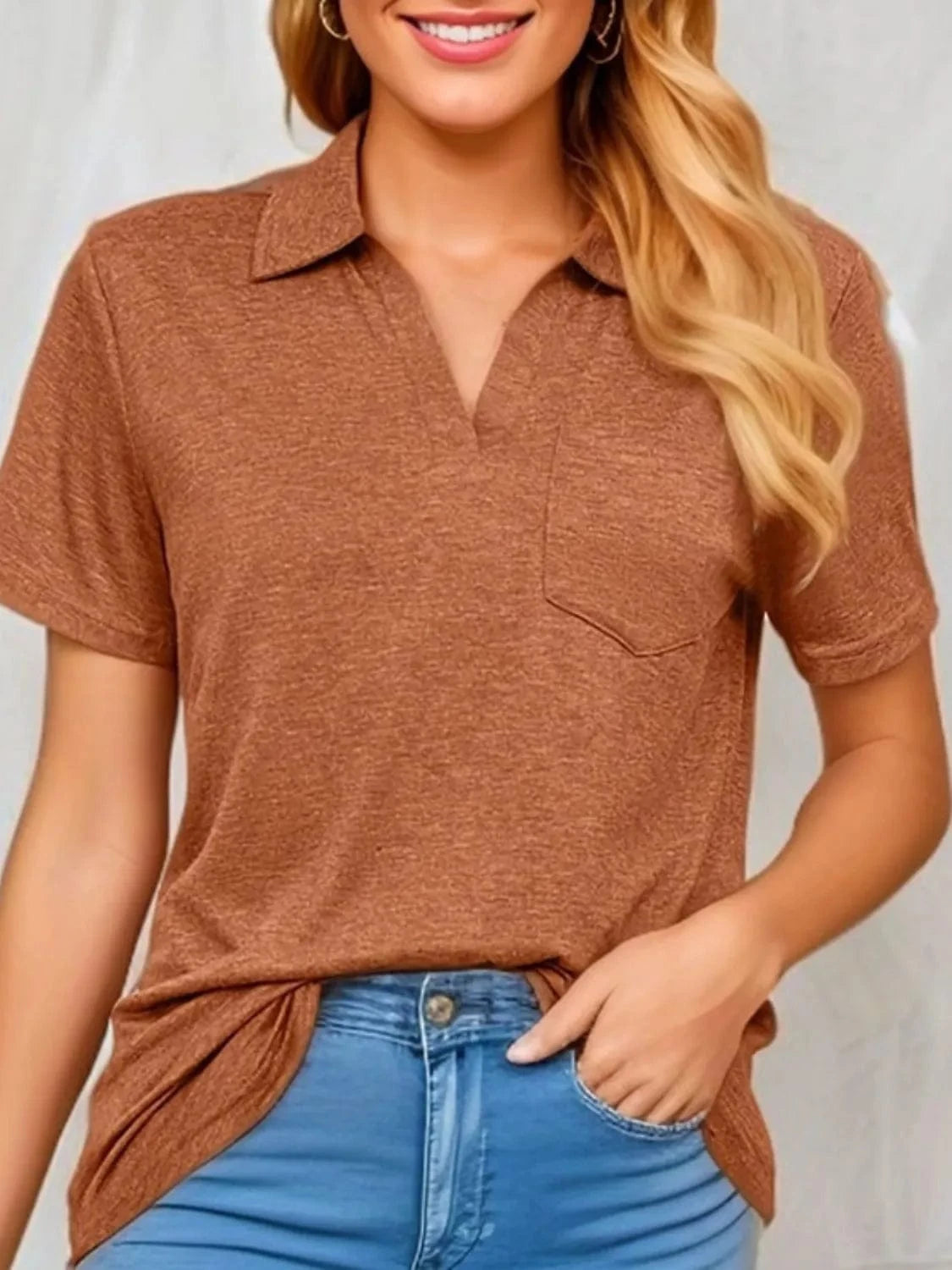 Trendsi TOP Caramel / S Johnny Collar Short Sleeve Top