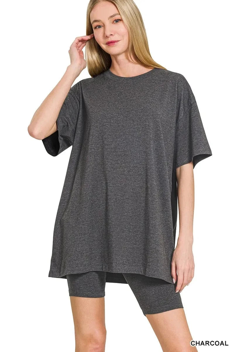 Trendsi TOP CHARCOAL / S Zenana Cotton Round Neck Top & Biker Shorts