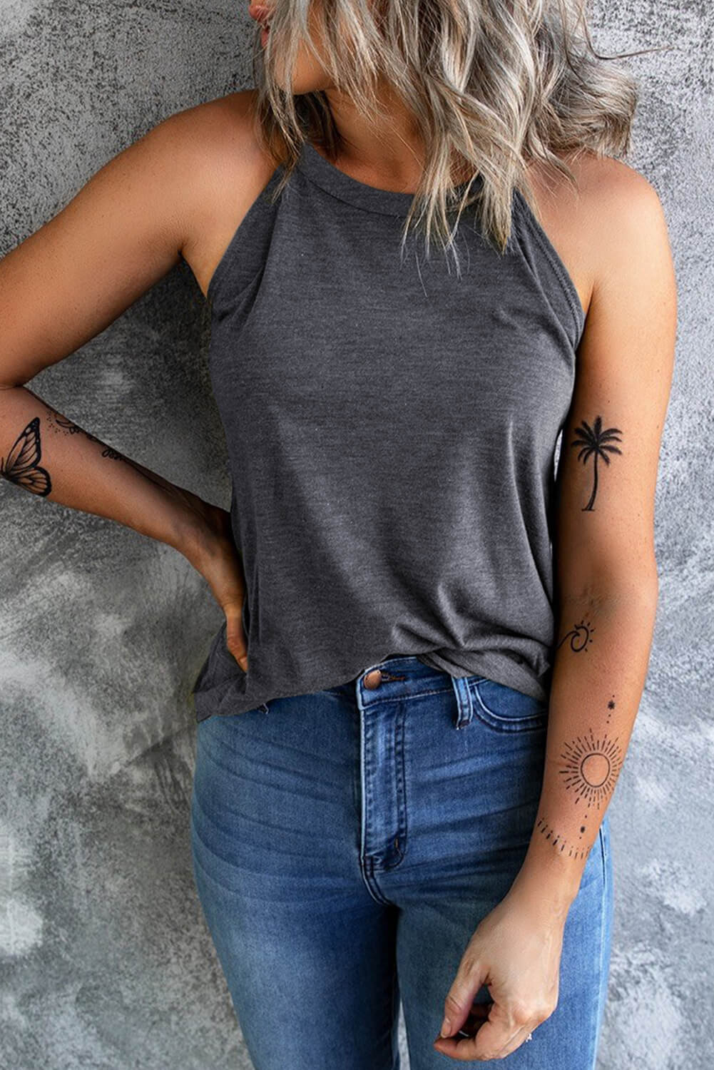 Trendsi TOP Dark Gray / S Curved Hem Grecian Tank Top